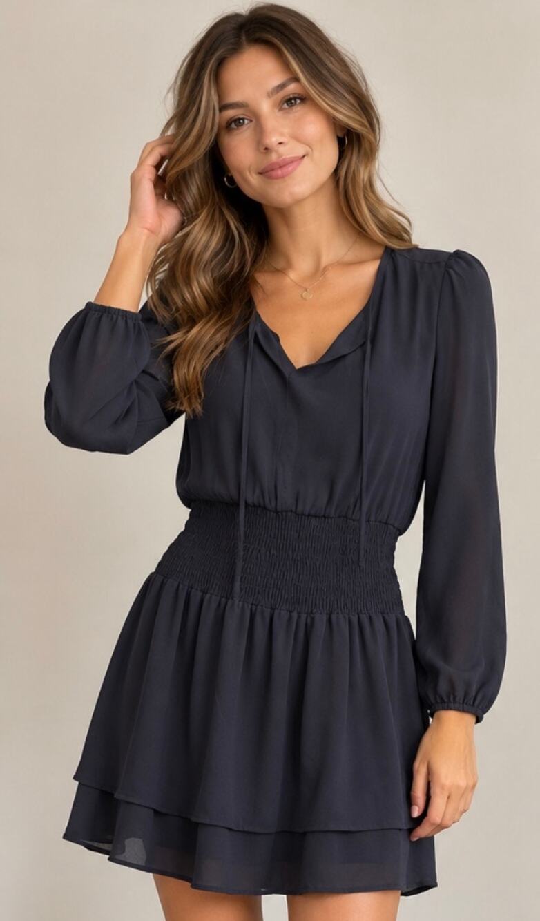 Veronica M Navy Blue Smocked Waist Tiered Mini Dress Size Small